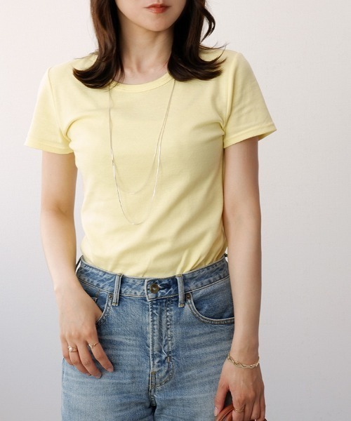CLOTHY(クロシィ)の「【肌触りなめらかな綿混スムース素材!】クルーネック半袖Tシャツ(Tシャツ/カットソー・レディース・オフホワイト/ブラック/グレイッシュベージュ/グレー/ダークグリーン/チャコールグレー/ローズ/オリーブ/ピンク/ブラウン/イエロー/ネイビー/パープル・MEDIUM/LARGE/X-LARGE/SMALL/XX-LARGE)」の11枚目の写真