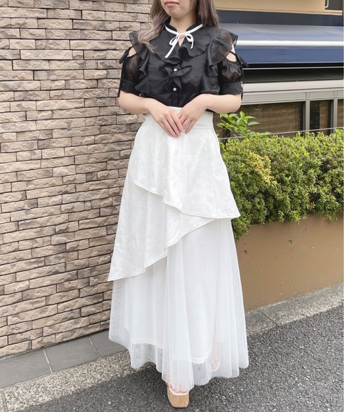ブラウス シャツ ダブルフリル肩開きブラウス レディース ダブルフリル肩開きブラウス（シャツ/ブラウス）｜abc une face