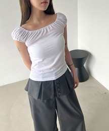 【オフショルダー/ワンショルダー】スクエア シャーリング クロップド パフスリーブ 半袖 Tシャツ