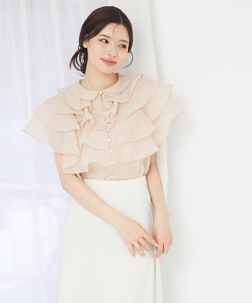 ブラウス シャツ ラッフルフリルパールボタンブラウス　夏服　ノースリーブ　シアー レディース ラッフルフリルパールボタンブラウス 夏服 ノースリーブ シアー