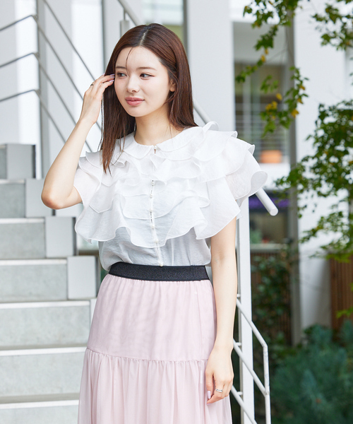 ブラウス シャツ ラッフルフリルパールボタンブラウス　夏服　ノースリーブ　シアー レディース ラッフルフリルパールボタンブラウス 夏服 ノースリーブ シアー