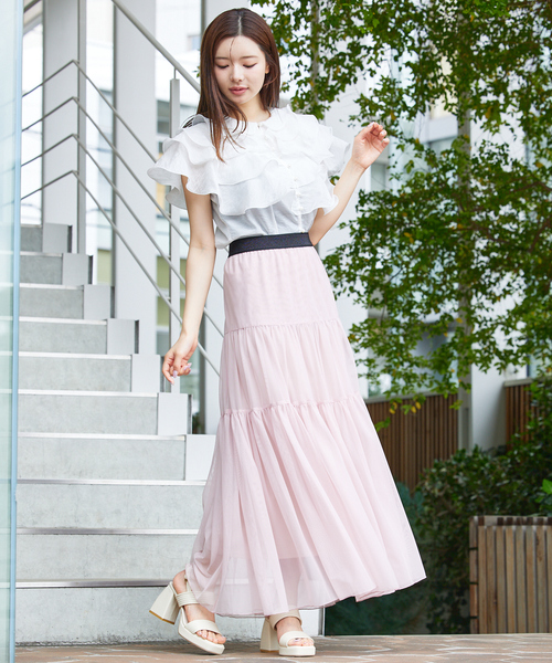 ブラウス シャツ ラッフルフリルパールボタンブラウス　夏服　ノースリーブ　シアー レディース ラッフルフリルパールボタンブラウス 夏服 ノースリーブ シアー