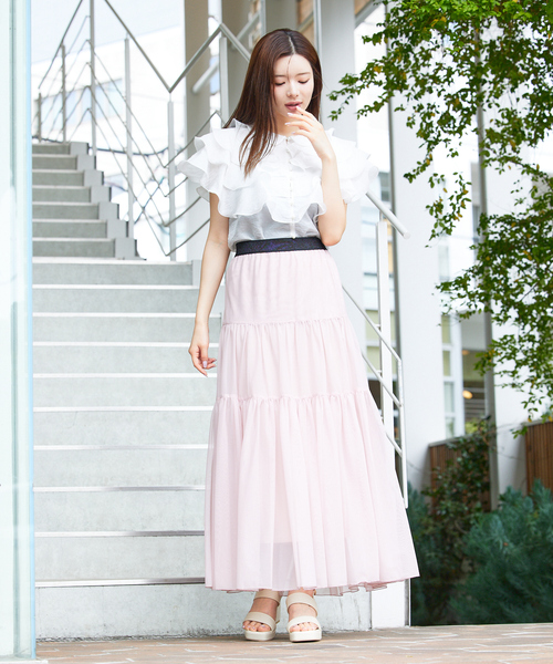 セール】ラッフルフリルパールボタンブラウス 夏服 ノースリーブ
