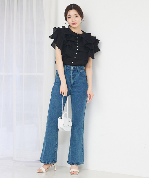 ブラウス シャツ ラッフルフリルパールボタンブラウス　夏服　ノースリーブ　シアー レディース ラッフルフリルパールボタンブラウス 夏服 ノースリーブ シアー