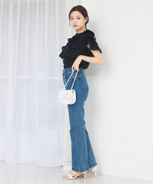 ラッフルフリルパールボタンブラウス 夏服 ノースリーブ シアー