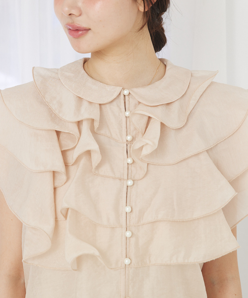 ブラウス シャツ ラッフルフリルパールボタンブラウス　夏服　ノースリーブ　シアー レディース ラッフルフリルパールボタンブラウス 夏服 ノースリーブ シアー