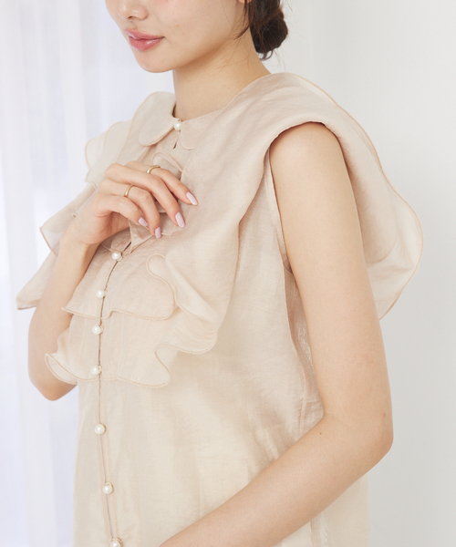 ブラウス シャツ ラッフルフリルパールボタンブラウス　夏服　ノースリーブ　シアー レディース ラッフルフリルパールボタンブラウス 夏服 ノースリーブ シアー