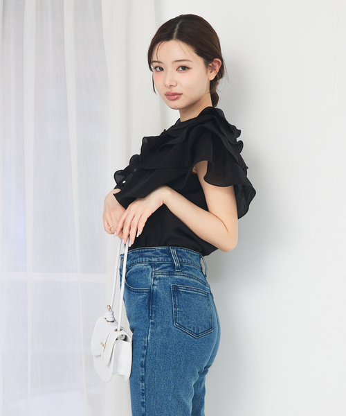 ブラウス シャツ ラッフルフリルパールボタンブラウス　夏服　ノースリーブ　シアー レディース ラッフルフリルパールボタンブラウス 夏服 ノースリーブ シアー