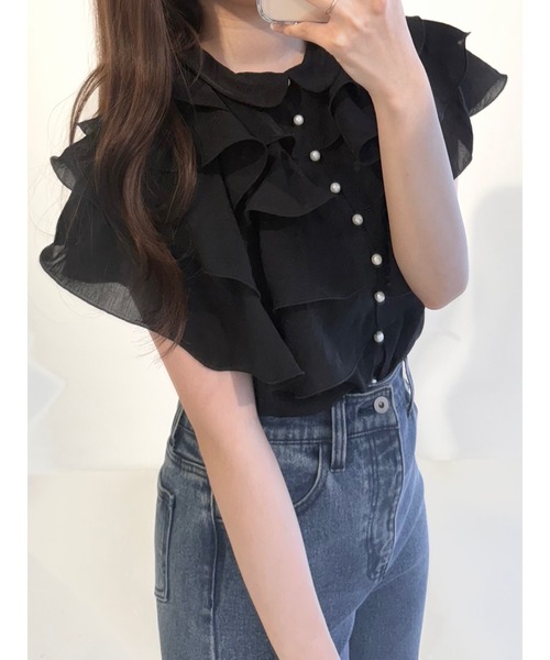 セール】ラッフルフリルパールボタンブラウス 夏服 ノースリーブ