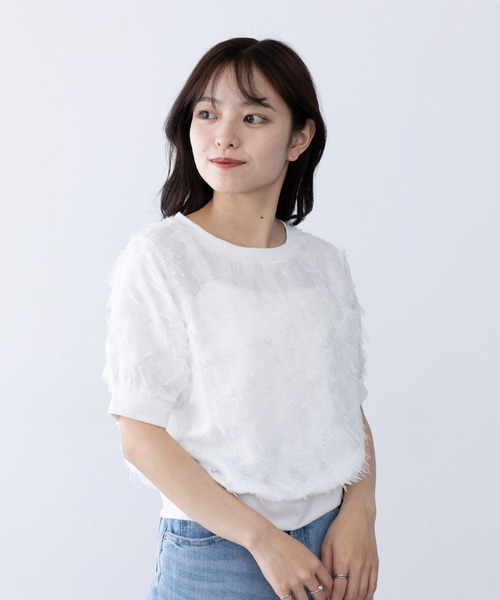 MAGASIN DE MODE Chou Chou(マガジンデモードシュシュ)の「【MAGASIN DE MODE Chou Chou】フリンジジャカードプルオーバー サマーニット trc※(Tシャツ/カットソー・レディース・ミント/オフホワイト/ブラック・FREE)」の2枚目の写真