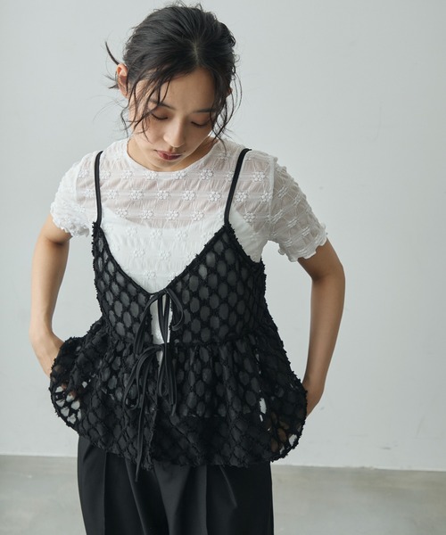 シアートップス　花柄 She's Closet tシャツ 花柄ニュアンス長袖メッシュパワーネット