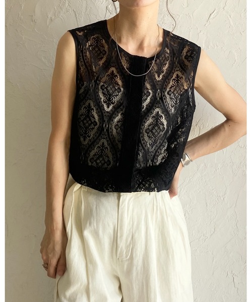 She's Closet（シーズクローゼット）の「ロング丈ノースリーブラッセルレースジレブラウス（シャツ/ブラウス・レディース・アイボリー/ブラック・FREE）」の11枚目の写真
