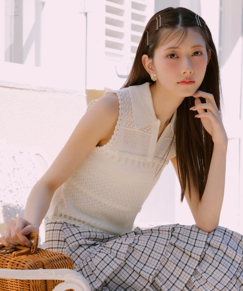 ニット セーター 「AKB48 千葉恵里さん着用」スキッパークロシェニットトップス 夏服 サマーニット ノースリーブトップス レディース AKB48 千葉恵里さん着用】スキッパークロシェニットトップス