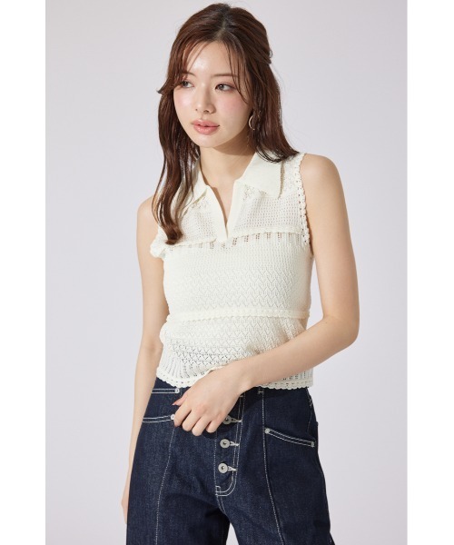 ニット セーター 「AKB48 千葉恵里さん着用」スキッパークロシェニットトップス 夏服 サマーニット ノースリーブトップス レディース AKB48 千葉恵里さん着用】スキッパークロシェニットトップス