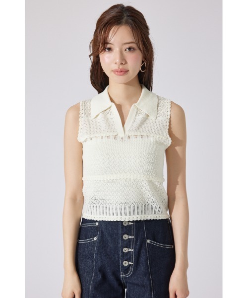 rienda(リエンダ)の「【AKB48 千葉恵里さん着用】スキッパークロシェニットトップス 夏服 サマーニット ノースリーブトップス(ニット/セーター・レディース・ブラウン/アイボリー/ライトイエロー・FREE)」の9枚目の写真