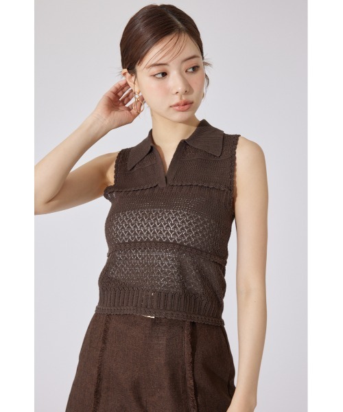 ニット セーター 「AKB48 千葉恵里さん着用」スキッパークロシェニットトップス 夏服 サマーニット ノースリーブトップス レディース AKB48 千葉恵里さん着用】スキッパークロシェニットトップス