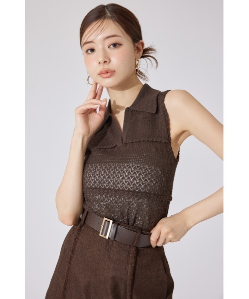 rienda(リエンダ)の「【AKB48 千葉恵里さん着用】スキッパークロシェニットトップス 夏服 サマーニット ノースリーブトップス(ニット/セーター・レディース・ブラウン/アイボリー/ライトイエロー・FREE)」の18枚目の写真