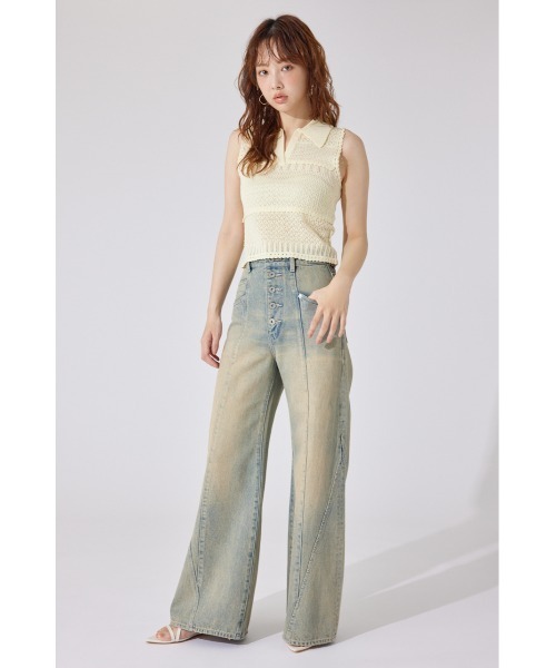 ニット セーター 「AKB48 千葉恵里さん着用」スキッパークロシェニットトップス 夏服 サマーニット ノースリーブトップス レディース AKB48 千葉恵里さん着用】スキッパークロシェニットトップス