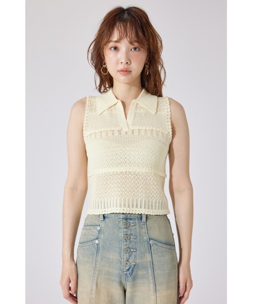 ニット セーター 「AKB48 千葉恵里さん着用」スキッパークロシェニットトップス 夏服 サマーニット ノースリーブトップス レディース AKB48 千葉恵里さん着用】スキッパークロシェニットトップス