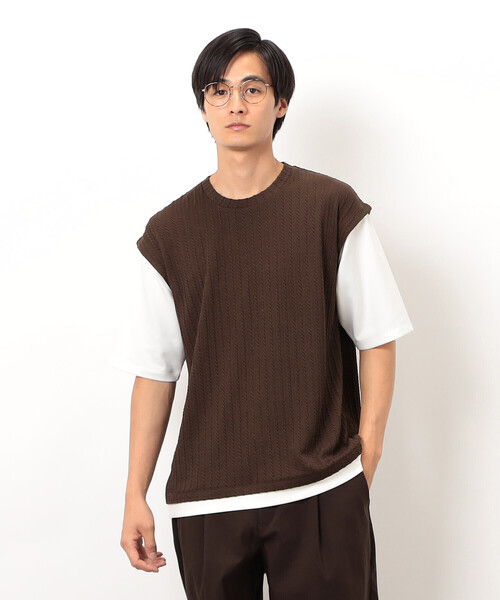 COMME CA ISM(コムサイズム)の「ケーブル柄 ベスト フェイクレイヤード Tシャツ(Tシャツ/カットソー・メンズ・ブラウン/グリーン/チャコール・MEDIUM/LARGE)」の2枚目の写真