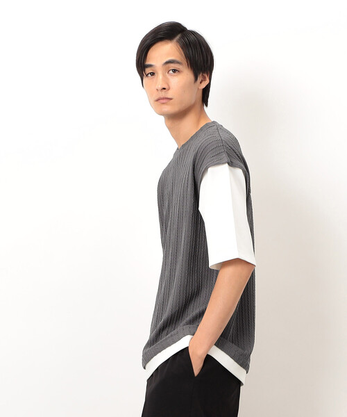 COMME CA ISM(コムサイズム)の「ケーブル柄 ベスト フェイクレイヤード Tシャツ(Tシャツ/カットソー・メンズ・ブラウン/グリーン/チャコール・MEDIUM/LARGE)」の1枚目の写真