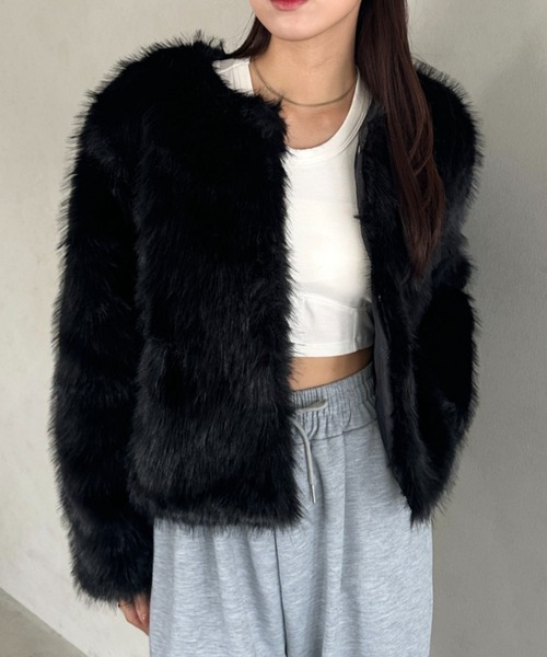 セール】ノーカラーファージャケット（ノーカラーコート）｜MYMOOD