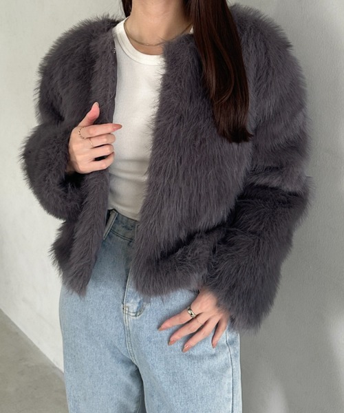 セール】ノーカラーファージャケット（ノーカラーコート）｜MYMOOD