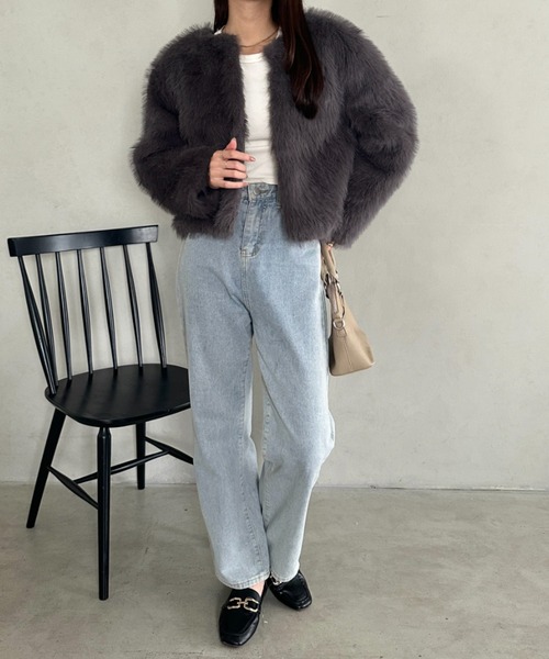 セール】ノーカラーファージャケット（ノーカラーコート）｜MYMOOD