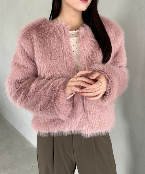 セール】ノーカラーファージャケット（ノーカラーコート）｜MYMOOD