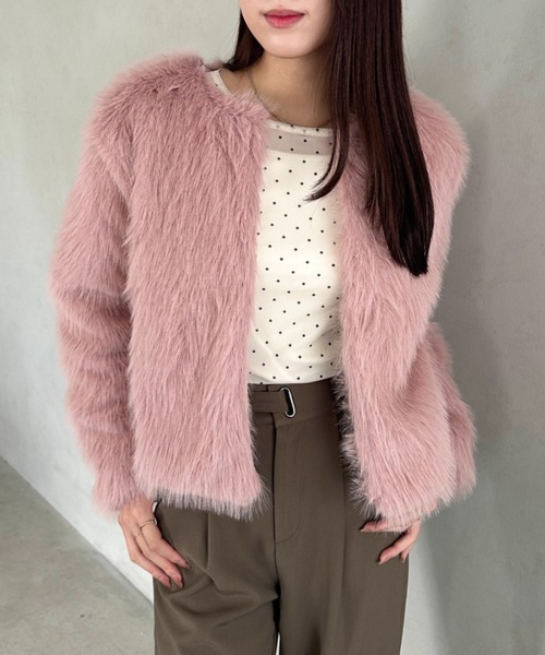 yori ノーカラージャケット ピンク　シャギー yori ノーカラージャケット ピンク シャギー