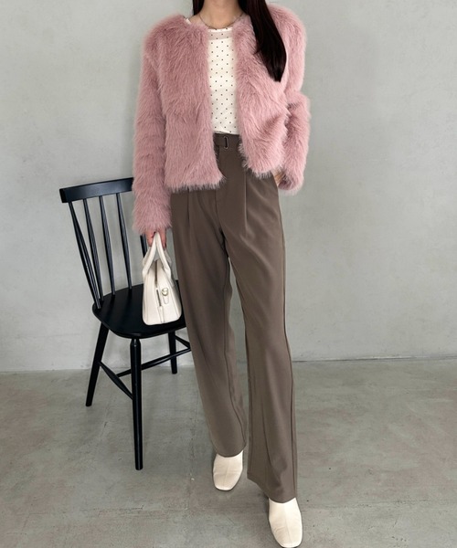 テッドベーカー ファージャケット ノーカラー ビジュー 0 ピンク 未使用級 セール】ノーカラーファージャケット（ノーカラーコート）｜MYMOOD