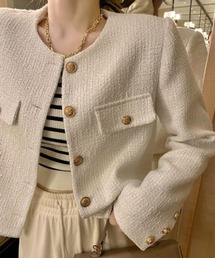 Mejoul | 【2025秋冬新作】ゴールドボタン クロップド丈ツイードノーカラージャケット(その他アウター)