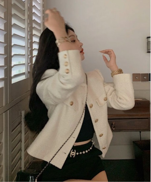 Mejoul（メジュール）の「ゴールドボタン クロップド丈ツイードノーカラージャケット（その他アウター・レディース・ブラック/ホワイト・L/M）」の9枚目の写真