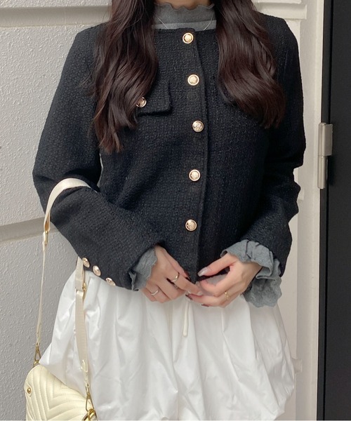 Mejoul（メジュール）の「ゴールドボタン クロップド丈ツイードノーカラージャケット（その他アウター・レディース・ブラック/ホワイト・L/M）」の16枚目の写真