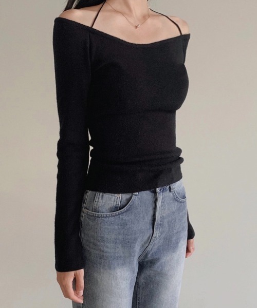 Teem Store(チームストア)の「リボンオフショルリブニット(ニット/セーター・レディース・ホワイト/ブルー/ブラック/ダークグレー/レッド・F)」の2枚目の写真