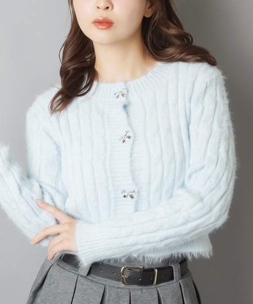 セール】ふわもこモヘアで差がつく♪リボンボタンガーリーカーディガン