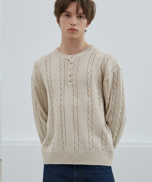 NODU（ノードユー）の「マイルドヘンリーネックラウンドニットTシャツ[ベージュ]（Tシャツ/カットソー・メンズ・その他・MEDIUM/LARGE）」の4枚目の写真