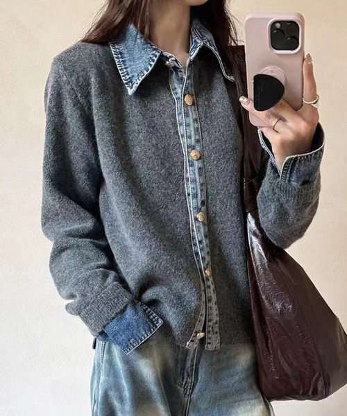 LUMIRA(アパレル)(ルミラ)の「デニム切り替え ニットカーディガン(カーディガン/ボレロ・レディース・ダークグレー/ブラウン/ネイビー/グレー・FREE)」の3枚目の写真