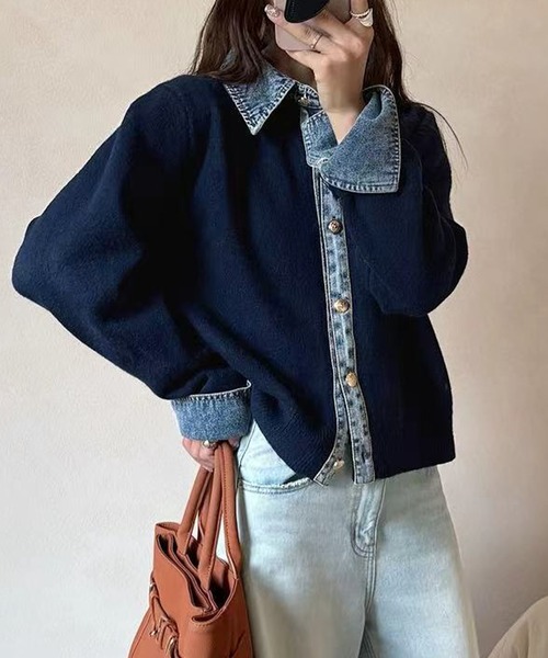 LUMIRA(アパレル)(ルミラ)の「デニム切り替え ニットカーディガン(カーディガン/ボレロ・レディース・ダークグレー/ブラウン/ネイビー/グレー・FREE)」の8枚目の写真
