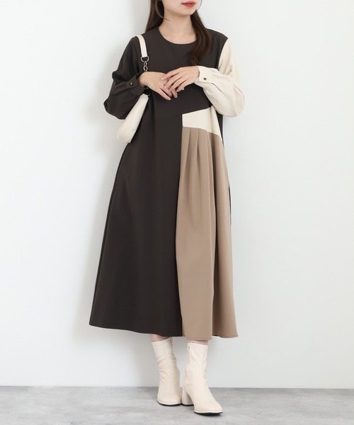 Anna Nicola(アンナニコラ)の「Anna Nicola 配色ワンピース(ワンピース・レディース・ベージュ/ブラック/チャコールグレー・38)」の3枚目の写真