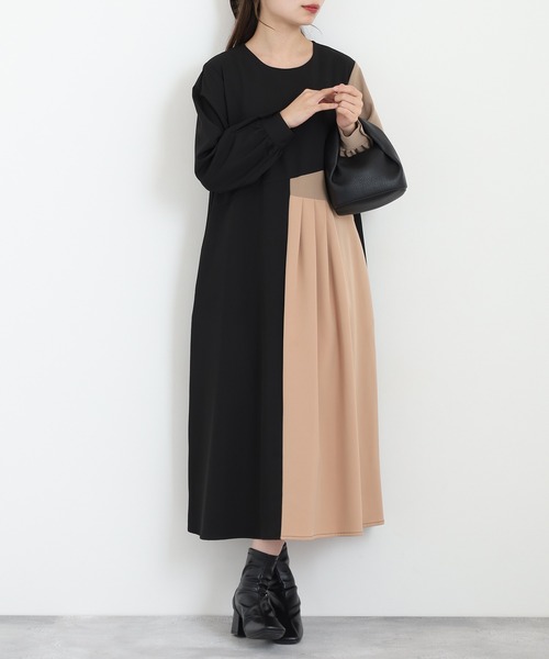 Anna Nicola(アンナニコラ)の「Anna Nicola 配色ワンピース(ワンピース・レディース・ベージュ/ブラック/チャコールグレー・38)」の2枚目の写真