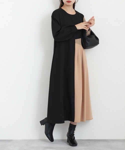 Anna Nicola(アンナニコラ)の「Anna Nicola 配色ワンピース(ワンピース・レディース・ベージュ/ブラック/チャコールグレー・38)」の7枚目の写真