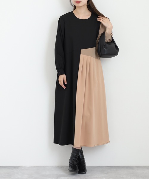 Anna Nicola(アンナニコラ)の「Anna Nicola 配色ワンピース(ワンピース・レディース・ベージュ/ブラック/チャコールグレー・38)」の4枚目の写真