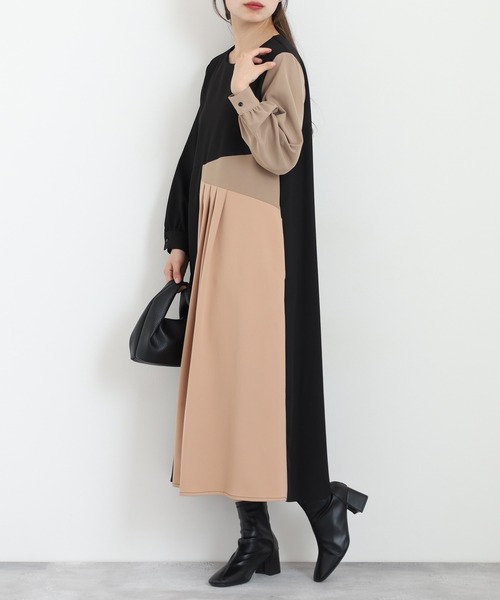 Anna Nicola(アンナニコラ)の「Anna Nicola 配色ワンピース(ワンピース・レディース・ベージュ/ブラック/チャコールグレー・38)」の5枚目の写真