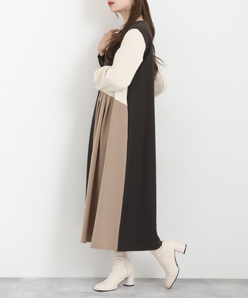 Anna Nicola(アンナニコラ)の「Anna Nicola 配色ワンピース(ワンピース・レディース・ベージュ/ブラック/チャコールグレー・38)」の9枚目の写真