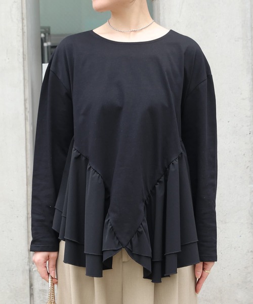 Brown&Street(ブラウンアンドストリート)の「アングルラインぺプラムトップス(Tシャツ/カットソー・レディース・ブラック/オフホワイト・FREE)」の14枚目の写真