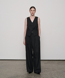Wool Wide Pleated Trousers Black