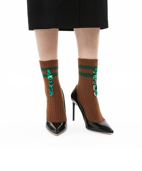 FAKUI(ファクイ)の「LINED BIJOUX SOCKS / ラインビジューソックス(ソックス/靴下・レディース・レッド/グリーン/ブラウン/ブラック・22.0~24.0cm)」の7枚目の写真