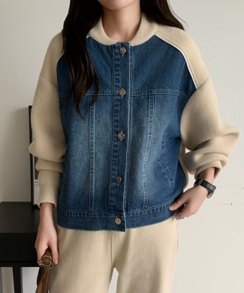 emi+（エミプラス）の「配色パイピングデニムドッキングブルゾン（ブルゾン・レディース・アイボリー/ブラック/ベージュ・FREE）」の3枚目の写真