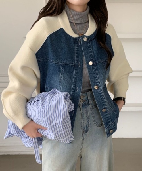 emi+（エミプラス）の「配色パイピングデニムドッキングブルゾン（ブルゾン・レディース・アイボリー/ブラック/ベージュ・FREE）」の2枚目の写真